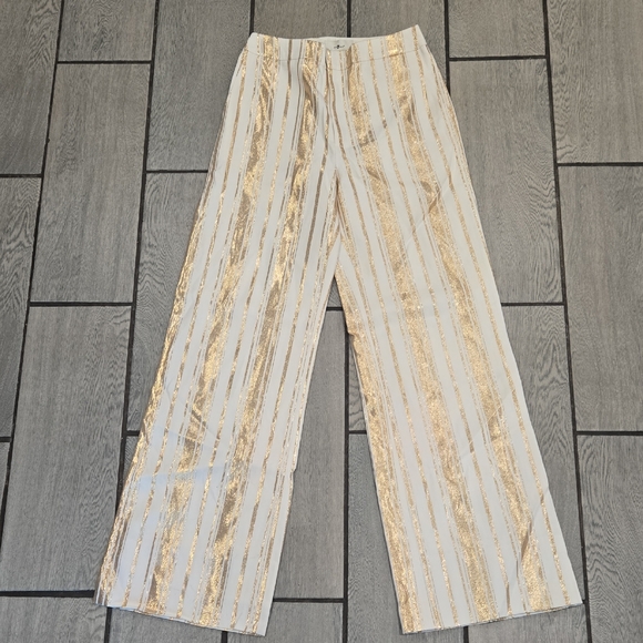 7 For All Mankind Women’s Pants Size 23 White Gold Metallic Striped Wide Leg - Picture 1 of 8